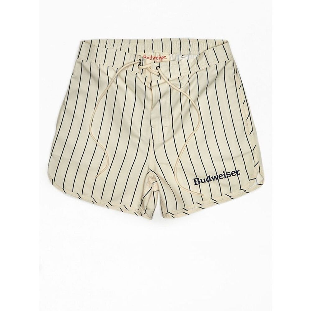 PacSun Budweiser Team 15” Cream White Pinstripe Boardshorts Swim Shorts